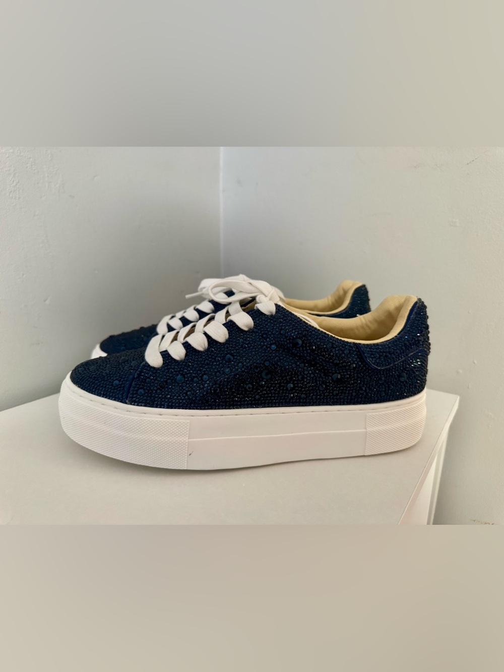 Betsey Johnson "Sidny" Navy Blue Rhinestone Platform Sneakers (Sz 6.5) NWOB